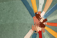 Illustration of arms and hands in a circle of people of different cultures.